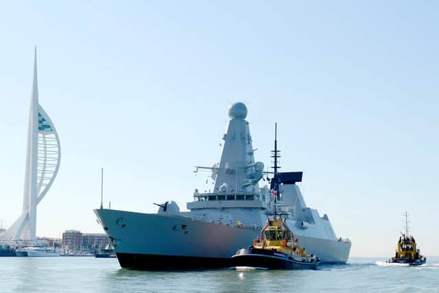 HMS Defender arriving in Portsmouth, her new home, in ????????.