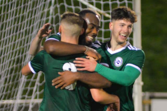 Silvano Obeng is congratulated after his penalty. Picture: Martyn White