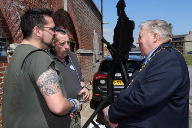 Pictured is: Lord Mayor, Councillor Frank Jonas chats with James Ross and Steven Turley. Picture: Keith Woodland (050621-9)