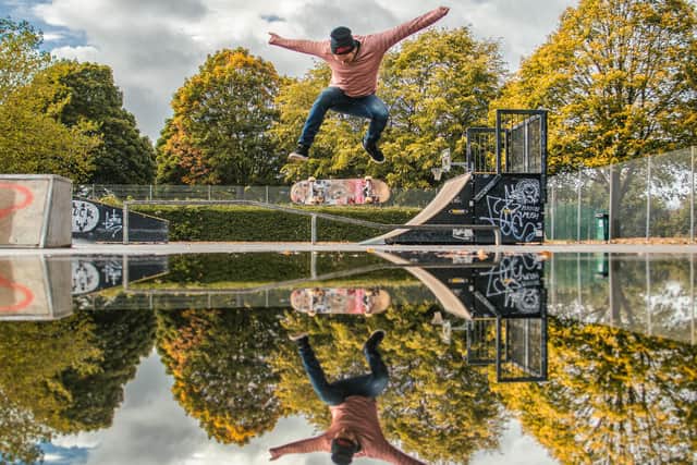 Jacob Skinner performs a heel-flip at Milton skatepark. Picture by Paul Scott/@oldskoolpaul