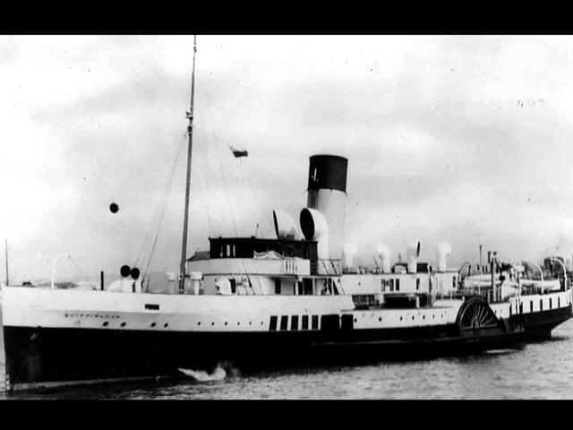 Paddle steamer Whippingham at anchor off Southsea beach after coaling duties is the PS Whippingham. The black ball indicates that she is at anchor. Picture: Mike Nolan collection