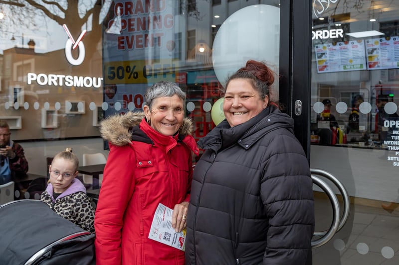 Mrs Futcher (68) and Mrs Glover (48) were at the front of the long queue for the opening of Oodles in Commercial Road. Picture: Mike Cooter