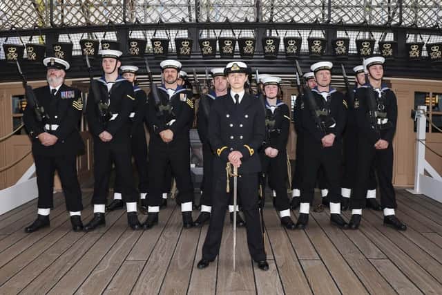 The Guard of Honour, formed of sailors from various Royal Navy Reserve units. Picture: LPhot Belinda Alker/Royal Navy.