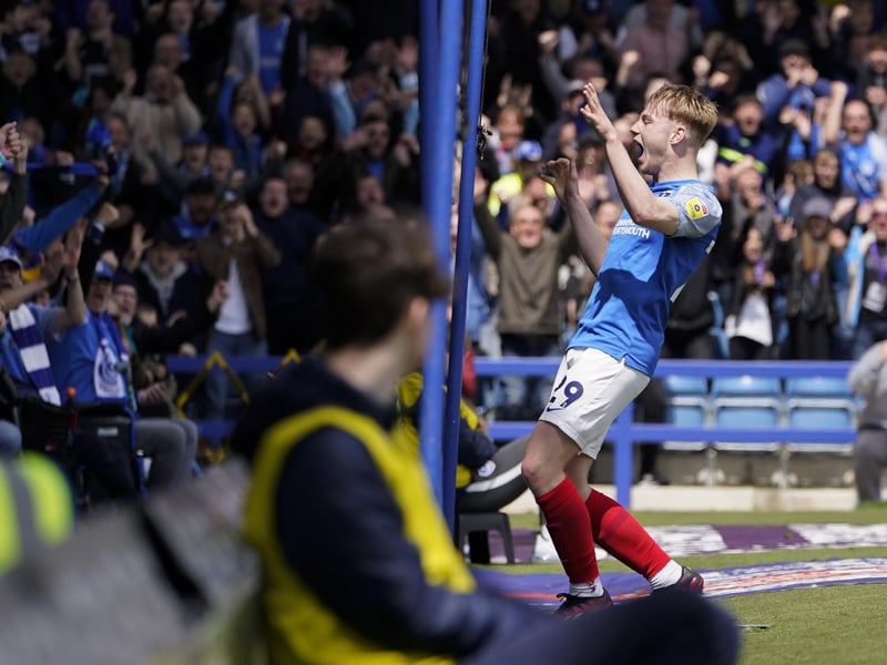 Paddy Lane celebrates his first-ever Pompey goal in front of the Fratton End