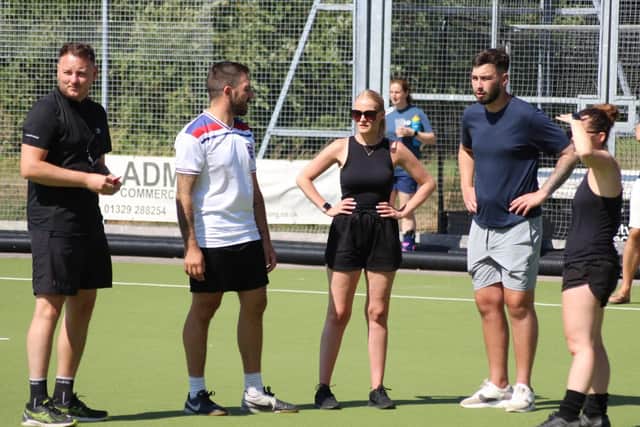 Thousands of pounds has been raised for The Rowans Hospice at a football tournament at Fareham Hockey Club. The charity supports Callum Lynch, 28, who has incurable cancer. Pictured is Callum Lynch, Becky Darby, Abbie Tallack, and others. Picture: Darren Darby.