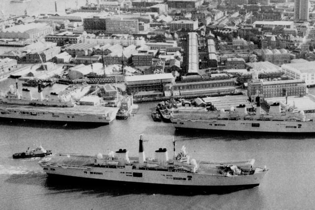 Three carriers in Portsmouth at the same time. Seen in Portsmouth Harbour in February 1989 are HM Ships Invincible, Ark Royal  and Illustrious.  Photo:Terry Pearson collection.