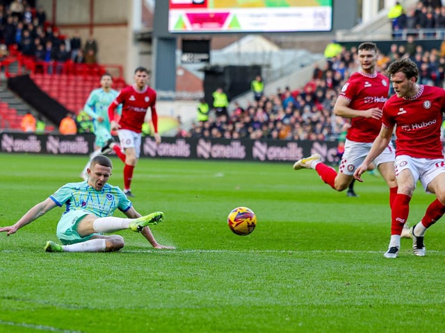 Colby Bishop fires in a shot during Pompey's trip to Bristol City. Picture: Nigel Keene