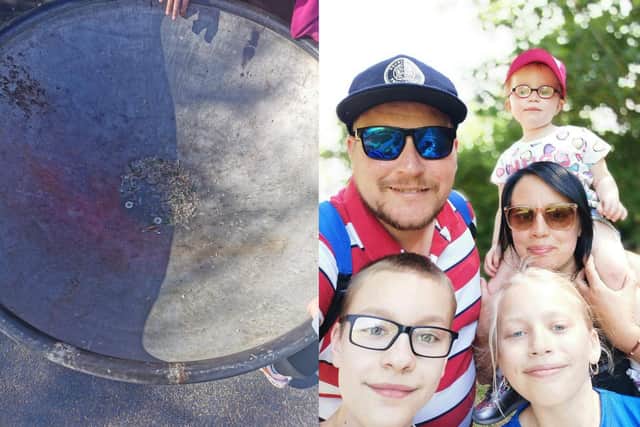 The glass at Rowner Copse Play Area and Dean Freeman with his wife Rebecca and children Jayden, 12, Jorja, 11 and Jaycee, three, from Gosport March 30, 2021