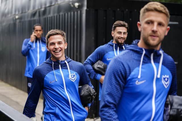 The Pompey players arrive ahead of tonight's Carabao Cup defeat at the hands of Newport County     Picture: Jason Brown