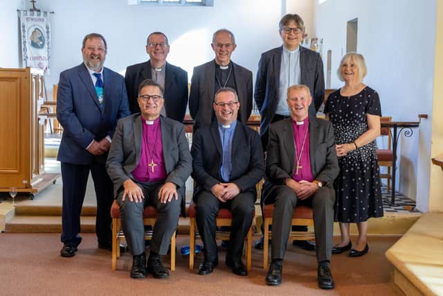 Archbishop Justin Welby with (back, l to r) churchwarden Steve Day, former vicars the Ven Paul Moore and the Rev Ian Snares and churchwarden Jan Smith; (front, l to r): Bishop Jonathan Frost, the current vicar the Rev Chris Spencer and former vicar Bishop Peter Hancock; at St Wilfrid's Church in Cowplain on October 15, 2023