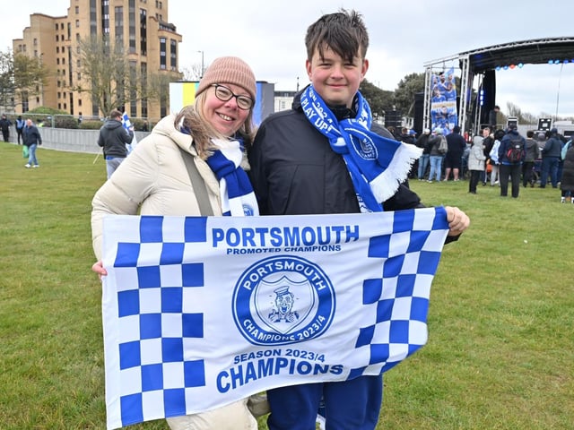 Thousands of Pompey FC fans flocked to Southsea Common to celebrate the team's League One title and promotion.   Pictured: (Left to Right) Sharon and Bobby Moore  Picture Credit: Keith Woodland