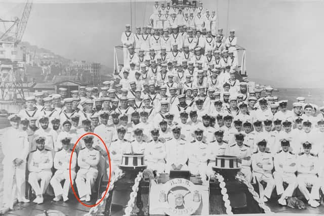 Basil Trott, circled, when serving in HMS Comus.