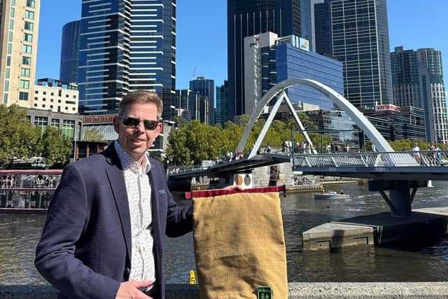 GOING GLOBAL: Barnbrook Systems managing director Andrew Barnett in Melbourne, Australia, with an E:BAG