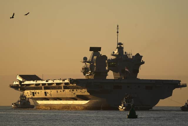 The political row over defence budgets came as the Royal Navy newest £3.2bn aircraft carrier HMS Prince of Wales departed Portsmouth Harbour for a series of exercises. Photo: PA