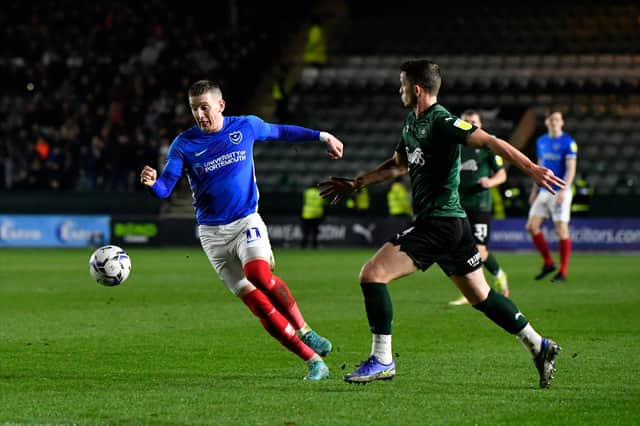 Republic of Ireland international Ronan Curtis on the attack during the first half of Pompey's encounter with Plymouth. Picture: Graham Hunt