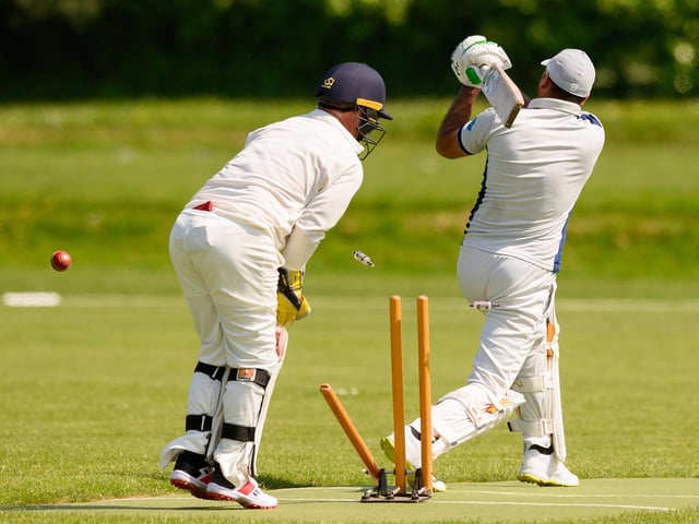 Portsmouth Community batter Kalim Shiraz is bowled for 38 by Simon Gough of Fareham & Crofton 3rds. Picture: Keith Woodland (270521-183)
