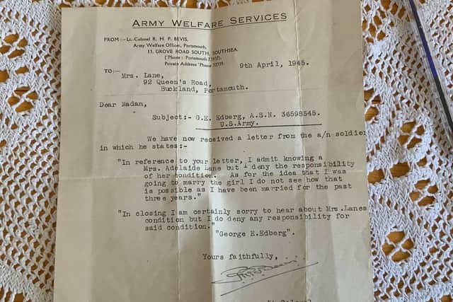Letter from the Army Welfare Service dated April 9, 1945, in which George  Edberg denies fathering a child with Adelaide Lane.