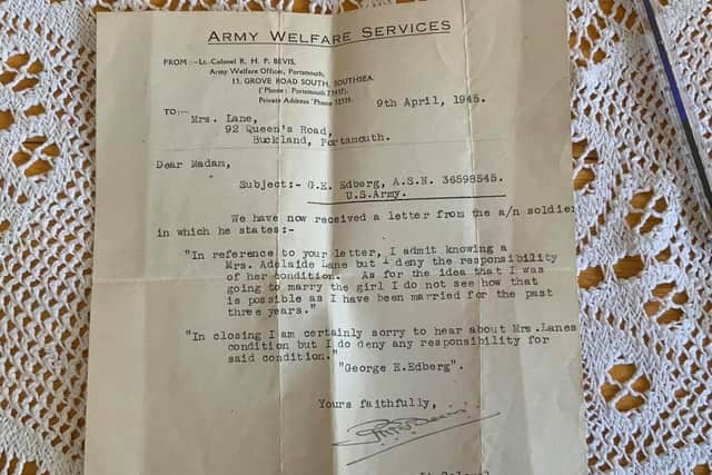 Letter from the Army Welfare Service dated April 9, 1945, in which George Edberg denies fathering a child with Adelaide Lane.