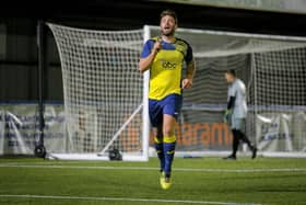 Steve Hutchings has just scored his first goal against Brockenhurst last Friday - a day later he hit a hat-trick for the club's reserves. Picture by Dave Bodymore