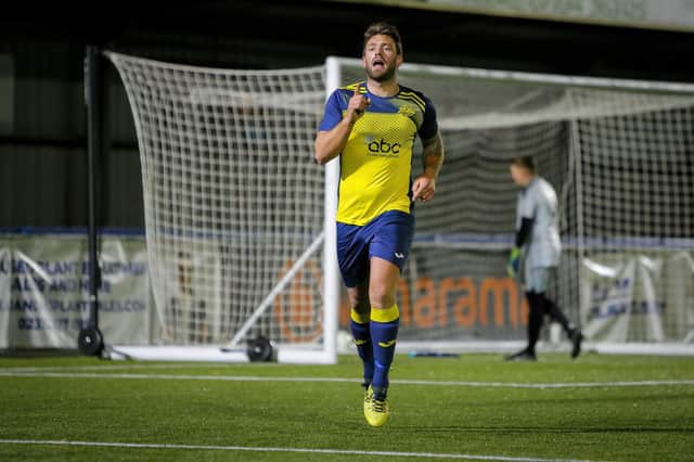 Steve Hutchings has just scored his first goal against Brockenhurst last Friday - a day later he hit a hat-trick for the club's reserves. Picture by Dave Bodymore