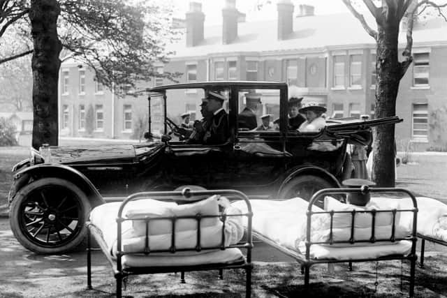 Queen Mary visiting Haslar Military Hospital, Gosport, in 1917. The hospital provided medical care to the Royal Navy and, latterly, to the army and RAF and civilians since 1753.