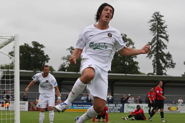 Brett Poate celebrates scoring for Hawks against Basingstoke Town in August 2008. Picture: Dave Haines.