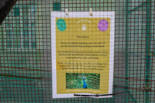 A notice on display at the aviary in Victoria Park which explains where the animals have gone. Picture: Mike Cooter (06042023)