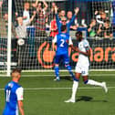 Mo Faal celebrates his FA Cup winner against AFC Totton. Picture by Dave Haines.