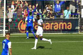 Mo Faal celebrates his FA Cup winner against AFC Totton. Picture by Dave Haines.
