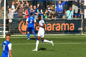 Mo Faal celebrates his FA Cup winner against AFC Totton. Picture by Dave Haines.
