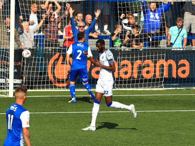 Mo Faal celebrates his FA Cup winner against AFC Totton. Picture by Dave Haines.