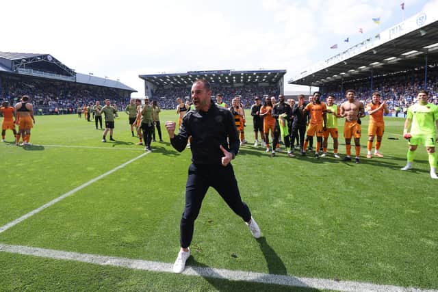 Ruben Selles celebrates Hull’s Championship survival at Fratton Park on the final day of last season