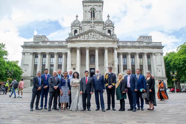 Professor Dr. A. K. Abdul Momen, Foreign Minister of Bangladesh is visiting Portsmouth on Wednesday 29th June 2022. Pictured: Bangladesh High Comissioner, Saida Muna Tasneem and Abdul Momen, Foreign Minister of Bangladesh with members of the Bengali community, PBBA and the Lord Mayor, Hugh Mason and Mayoress Marie Costa at Portsmouth Guildhall, Portsmouth. Picture: Habibur Rahman