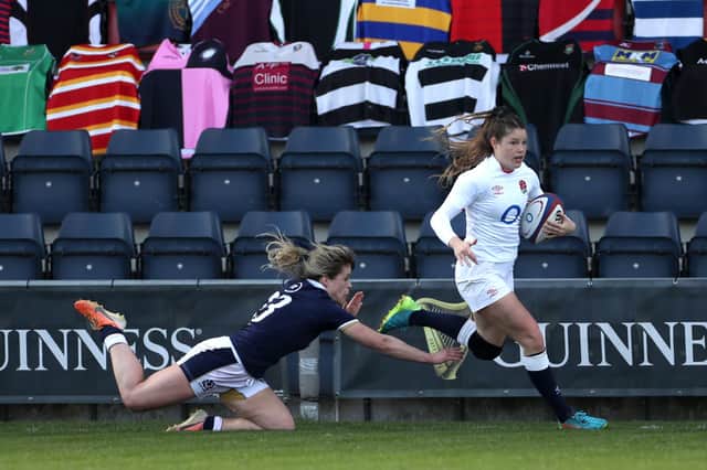 England's Jess Breach on her way to scoring a try during the Women's  Six Nations match at Castle Park, Doncaster, against Scotland. Pic: Bradley Collyer/PA Wire.