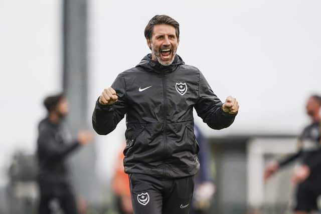 Danny Cowley celebrates victory at Forest Green - Pompey's first in five League One matches. Picture: Jason Brown/ProSportsImages