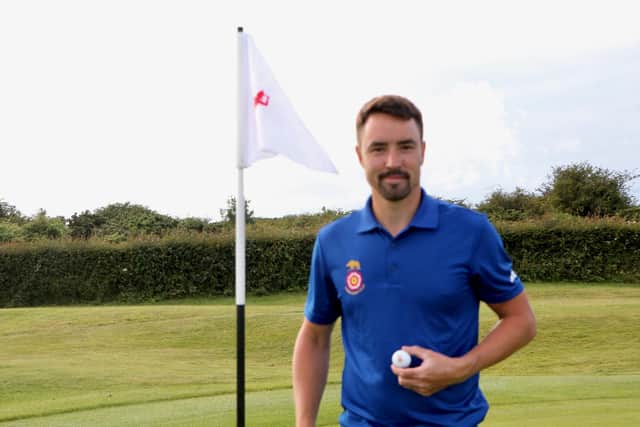 Darren Walkley pictured after his eagle two on the 18th in the second round of the South East qualifier. Picture: Andrew Griffin