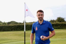 Darren Walkley pictured after his eagle two on the 18th in the second round of the South East qualifier. Picture: Andrew Griffin