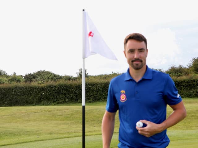Darren Walkley pictured after his eagle two on the 18th in the second round of the South East qualifier. Picture: Andrew Griffin