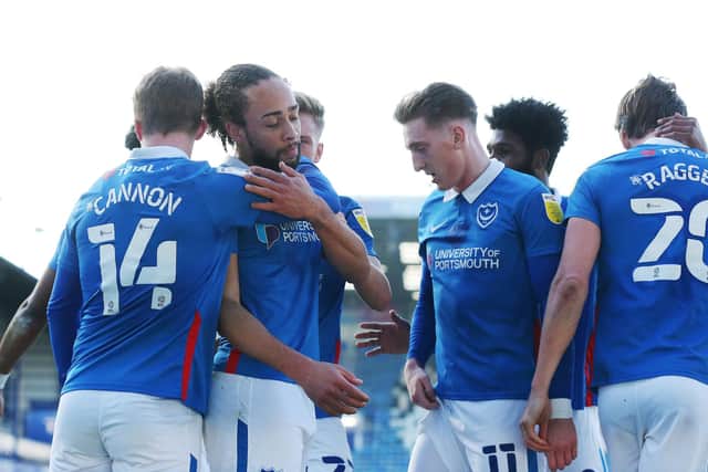 League Division 1 - Portsmouth vs Gillingham - 27/02/2021Portsmouth's Sean Raggett celebrates scoring his first goal of the match with Portsmouth's Marcus Harness who set up the goal