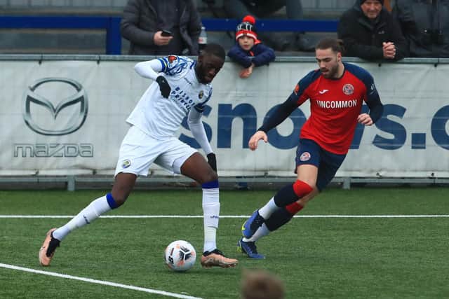 Mo Faal, left, was sent off in the first half at Bath for two bookable offences. Picture by Dave Haines