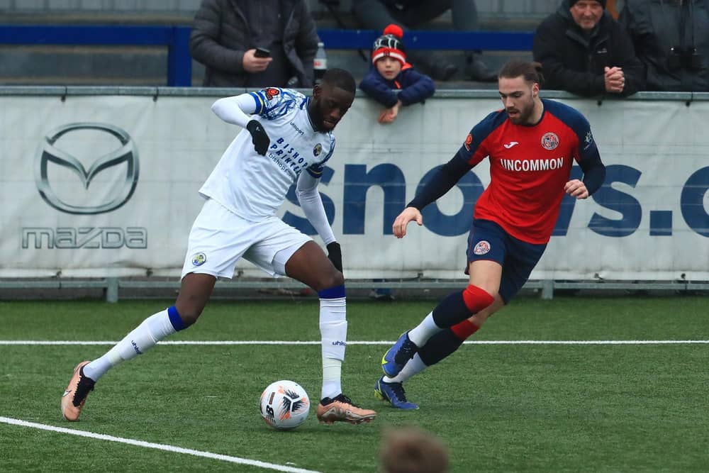 Mo Faal, left, was sent off in the first half at Bath for two bookable offences. Picture by Dave Haines