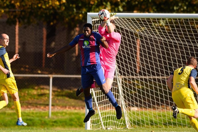 USP's Lamin Jatta and Moneyfields goalkeeper Dylan Kramer. Picture: Keith Woodland