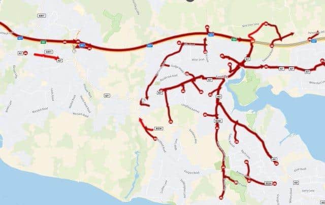 Hampshire County Council's traffic update service ROMANSE posted a Google Maps screenshot of the traffic chaos across Fareham on Wednesday morning, with a police incident closing the eastbound stretch of the M27 from Fareham to Portsmouth.
