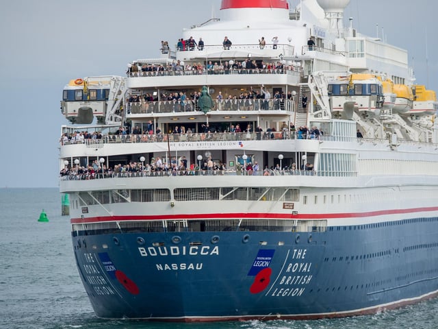 The Royal British Legion's specially chartered ship, the MV Boudicca, setting sail from Portsmouth with 300 veterans to Normandy. HMS St Albans, a Type-23 Royal Navy frigate, escorting the MV Boudicca along with four smaller Royal Navy vessels. Picture: Habibur Rahman