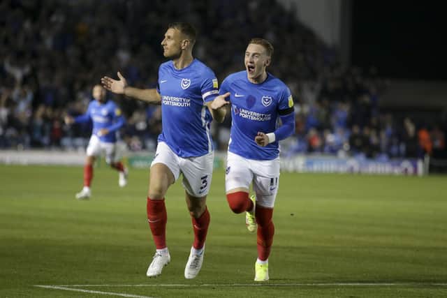 Lee Brown celebrates netting the opening goal for Pompey against Plymouth. Picture: Robin Jones