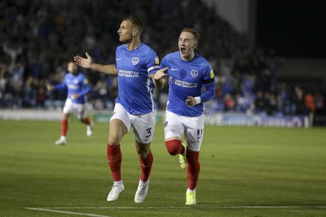 Lee Brown celebrates netting the opening goal for Pompey against Plymouth. Picture: Robin Jones