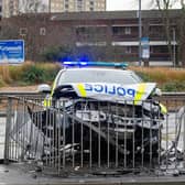 A police car has been left mangled by a crash with a BMW outside Portsmouth Naval Base blocking M275. Picture: Habibur Rahman