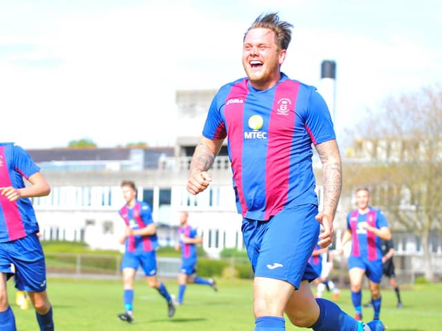 Tyler Moret has just netted US Portsmouth's dramatic Wessex League Cup semi-final leveller against Bemerton. Picture: Martyn White.