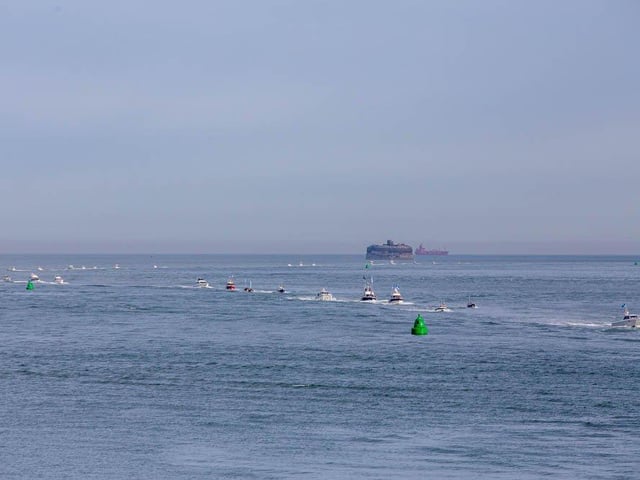 The boat parade entering Portsmouth Harbour to mark the beginning for Sea Angling Classic 2022 in Portsmouth on Thursday, June 16 2022.