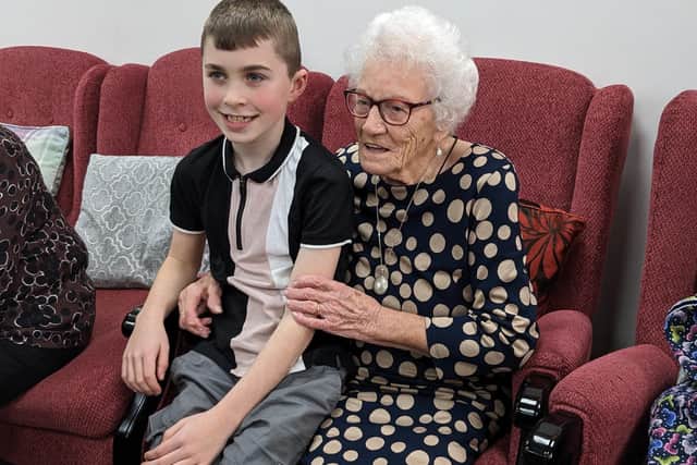 Christine Gillam turns 103 alongside five generations of her family at Cornwell Court, in Southsea. Pictured is Christine and her nine-year-old great-great grandson Jacob.